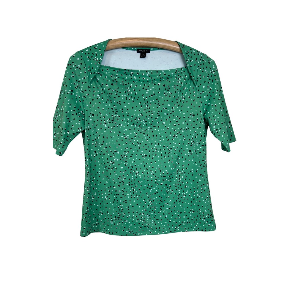 Ann Taylor Top Women MP Petite Green Polka Dot Square Neck Short Sleeve Top A34